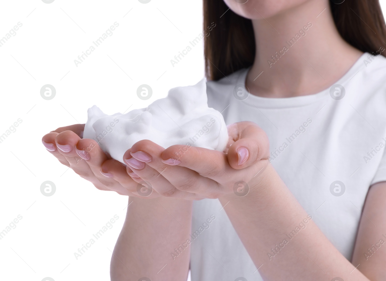 Photo of Woman with bath foam on white background, closeup