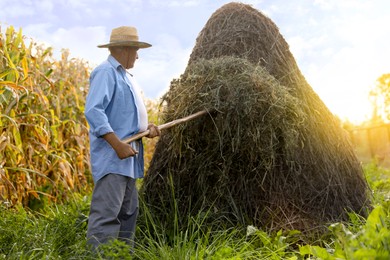 Photo of Senior man in straw hat pitching hay on farmland