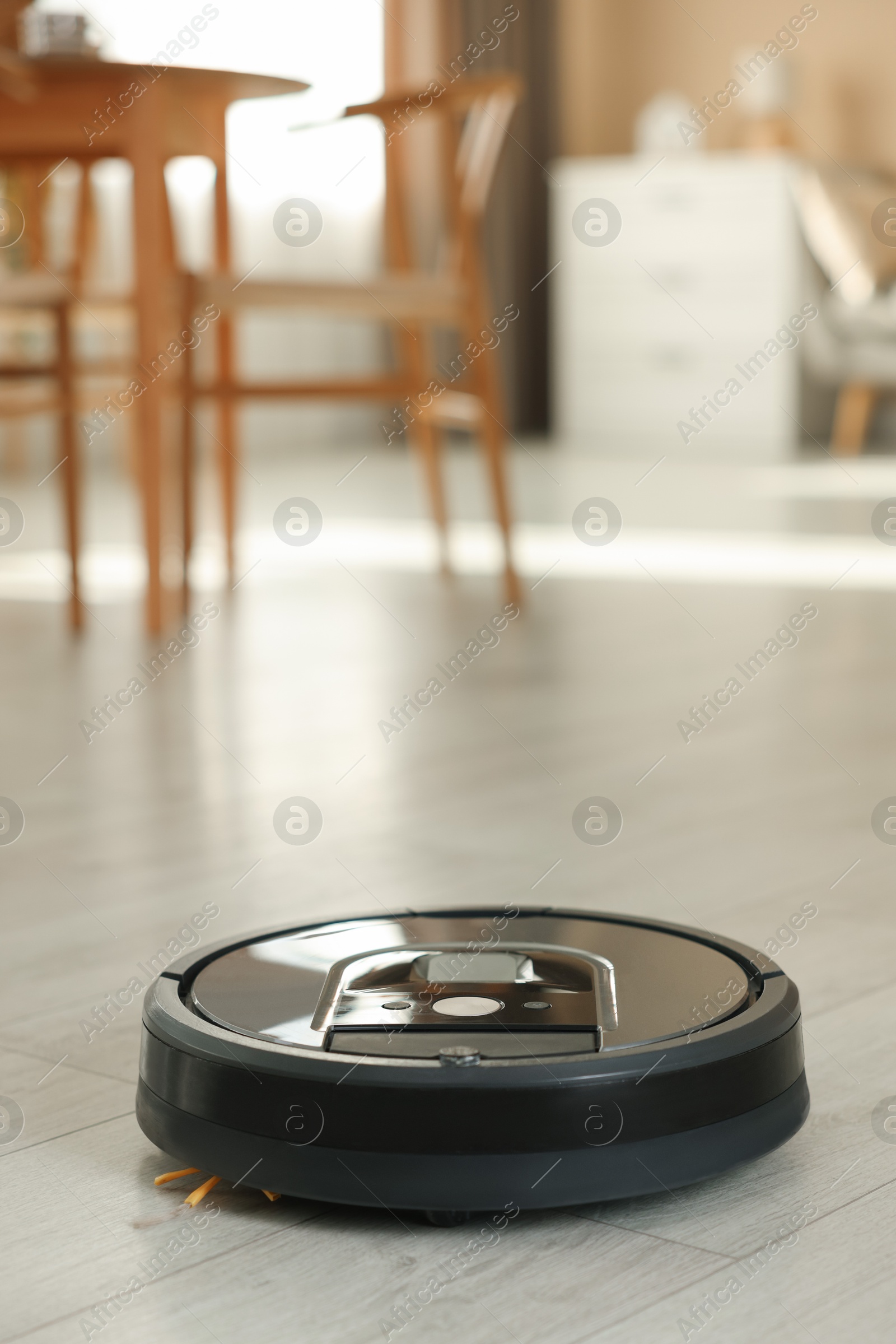 Photo of One robotic vacuum cleaner on wooden floor in living room. Space for text