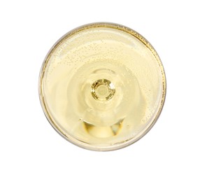 Photo of Champagne in glass isolated on white, top view