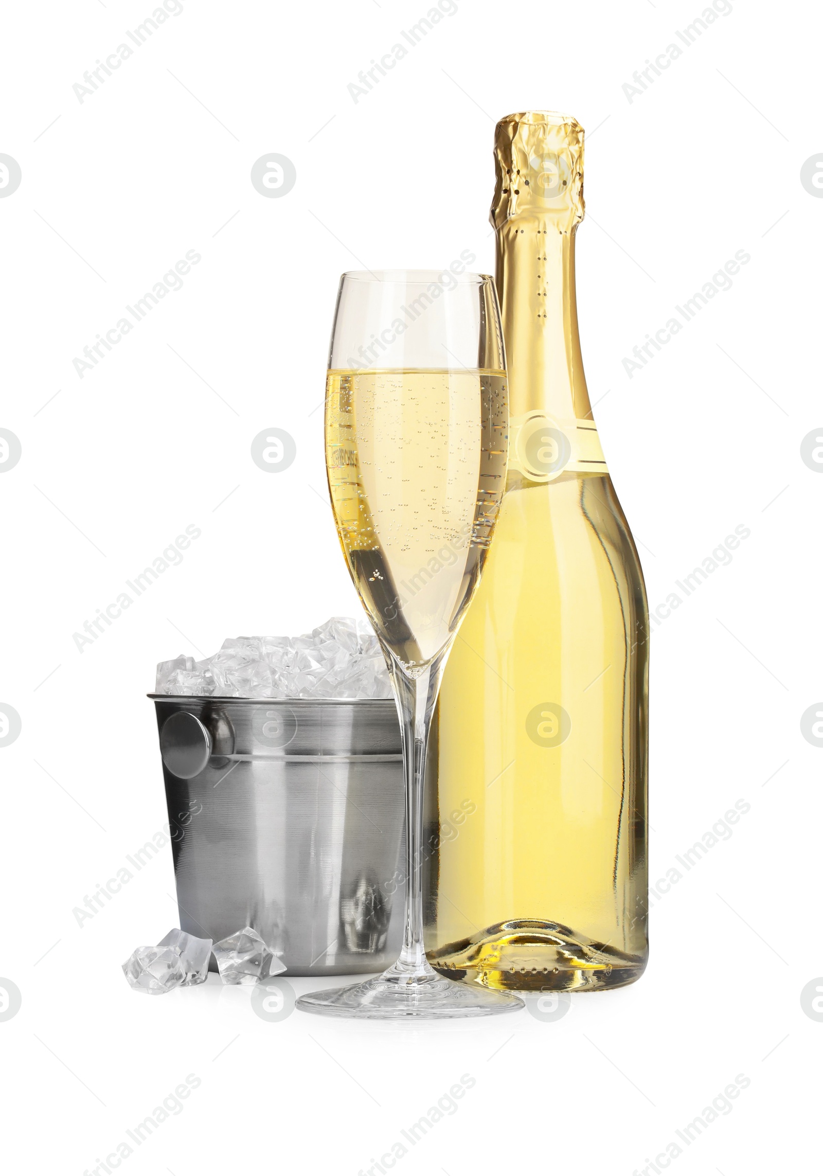 Photo of Champagne and bucket with ice isolated on white