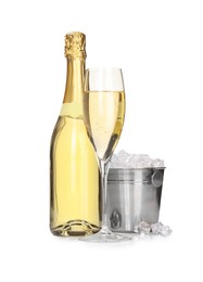 Photo of Champagne and bucket with ice isolated on white