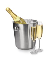 Photo of Champagne and bucket with ice isolated on white