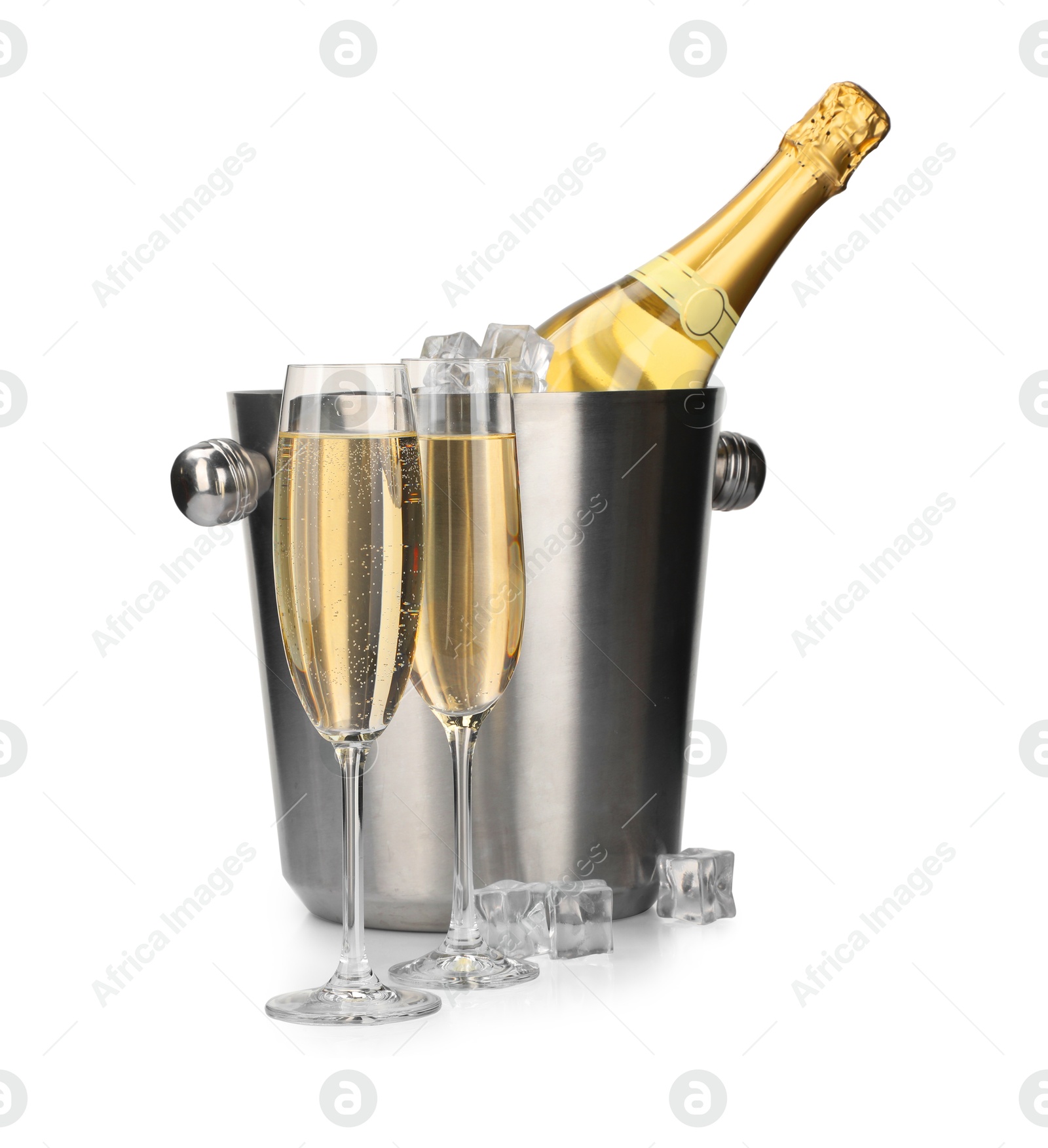 Photo of Champagne and bucket with ice isolated on white