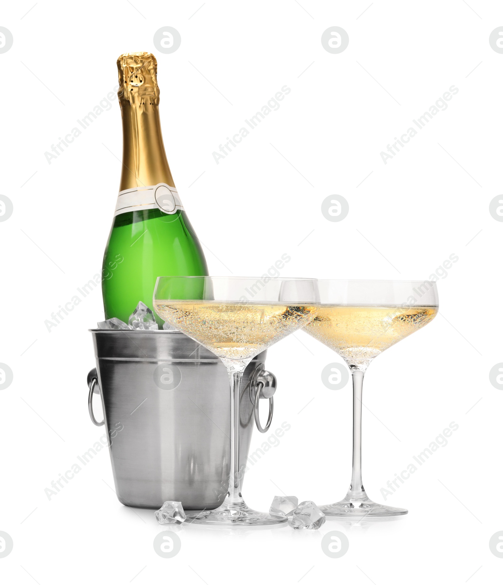 Photo of Champagne and bucket with ice isolated on white