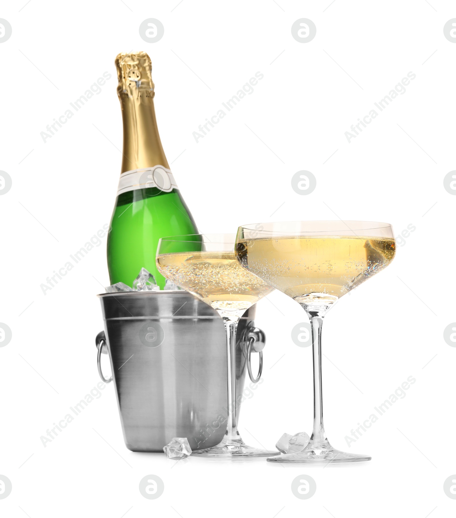 Photo of Champagne and bucket with ice isolated on white