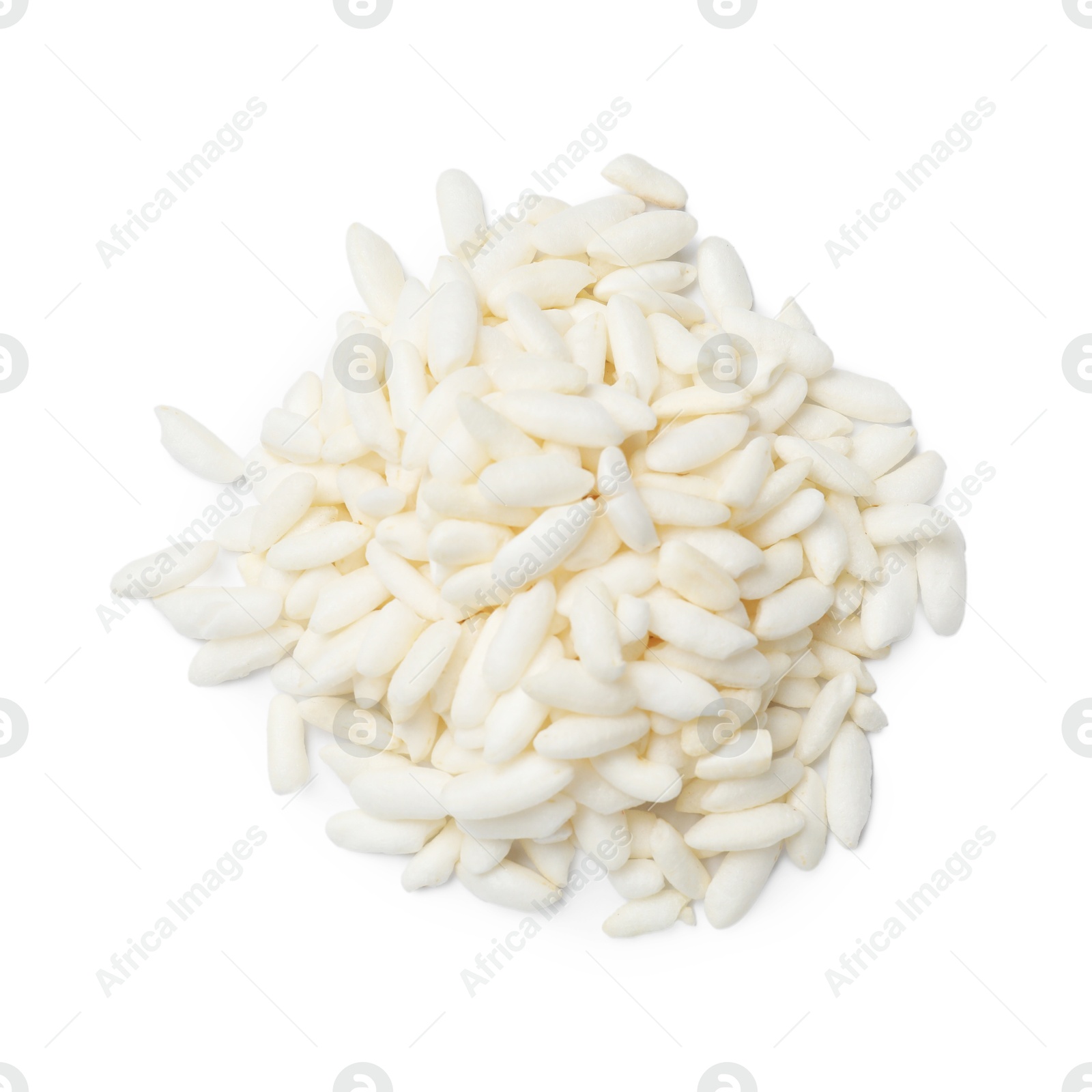 Photo of Heap of puffed rice isolated on white, top view