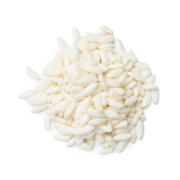 Photo of Heap of puffed rice isolated on white, top view