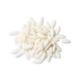 Photo of Heap of puffed rice isolated on white, top view