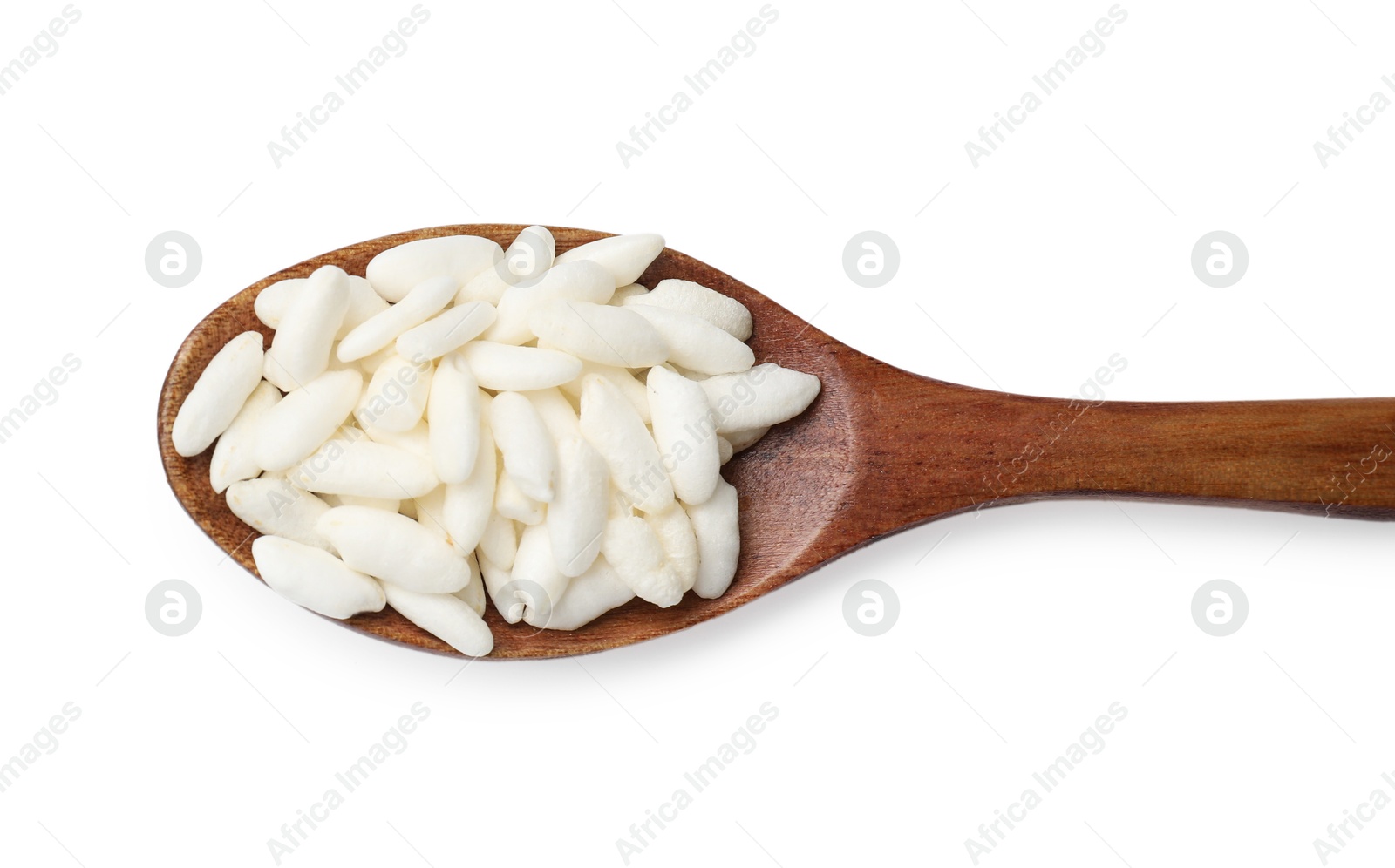 Photo of Puffed rice in spoon isolated on white, top view