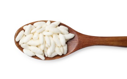 Photo of Puffed rice in spoon isolated on white, top view