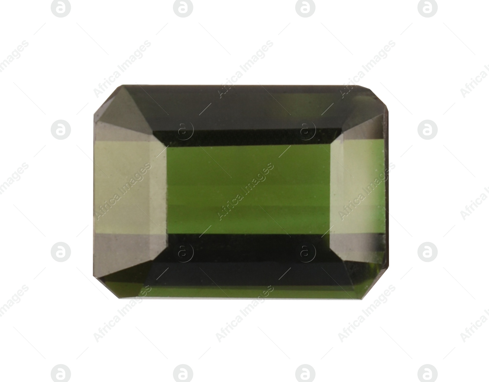 Photo of Tweezers with shiny green gemstone isolated on white