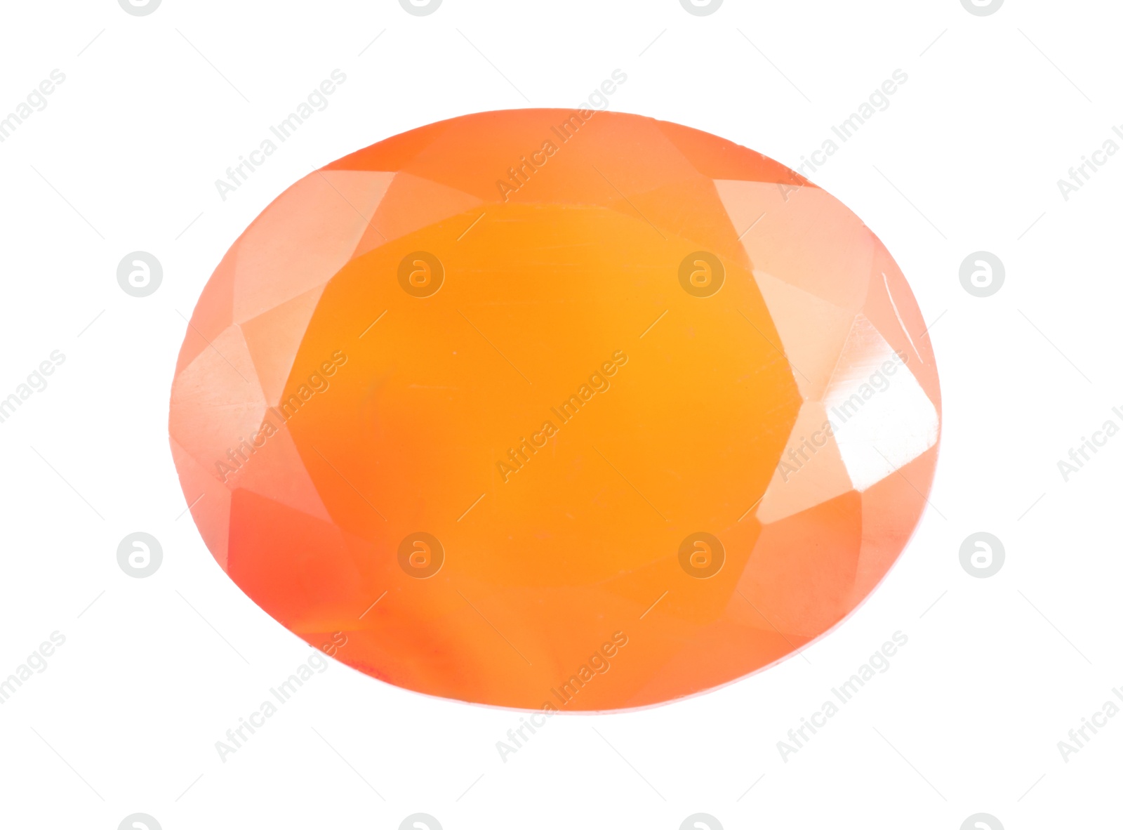 Photo of One shiny orange gemstone isolated on white, top view