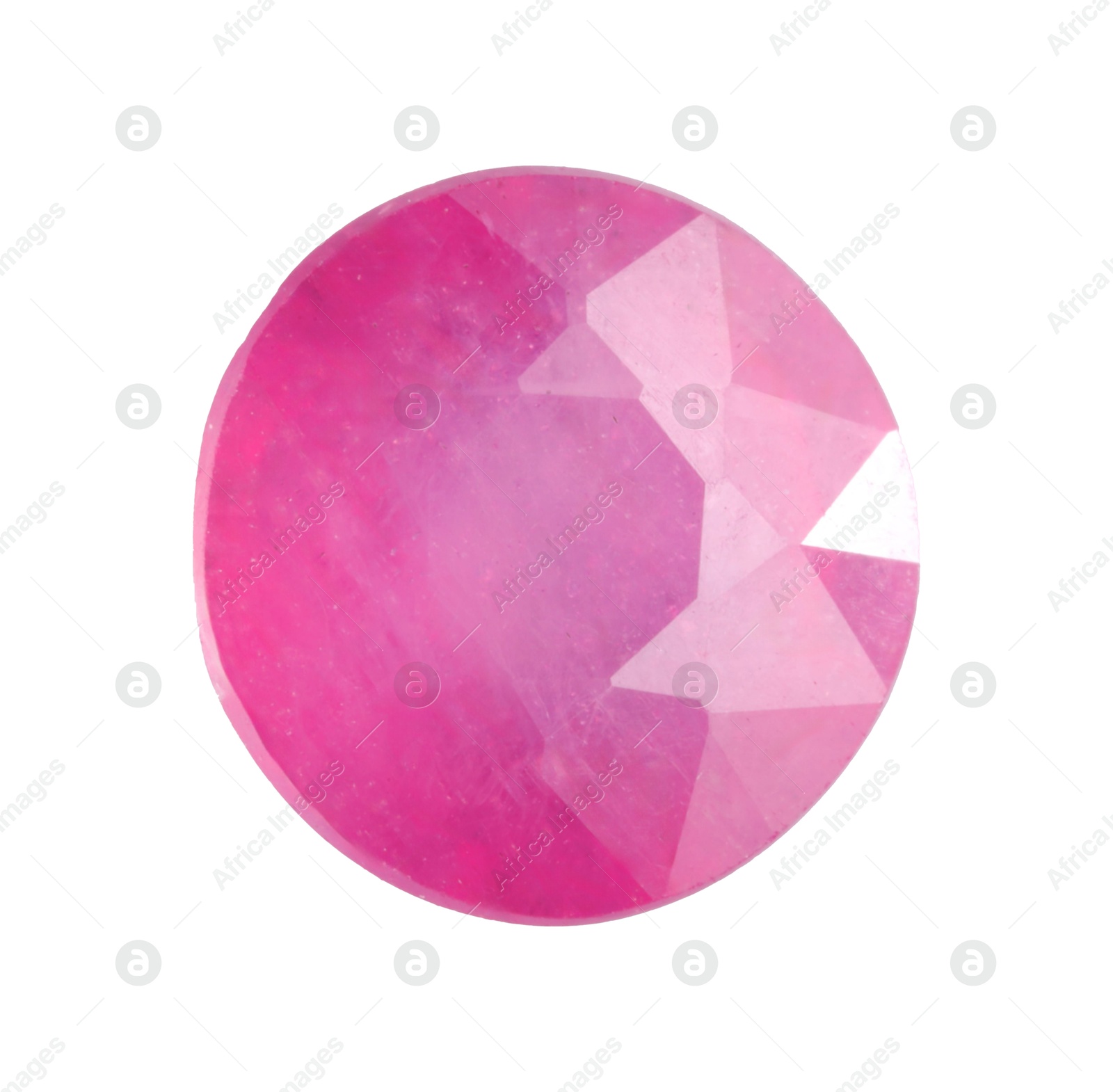 Photo of One shiny pink gemstone isolated on white, top view