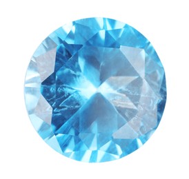 Photo of One shiny light blue gemstone isolated on white, top view