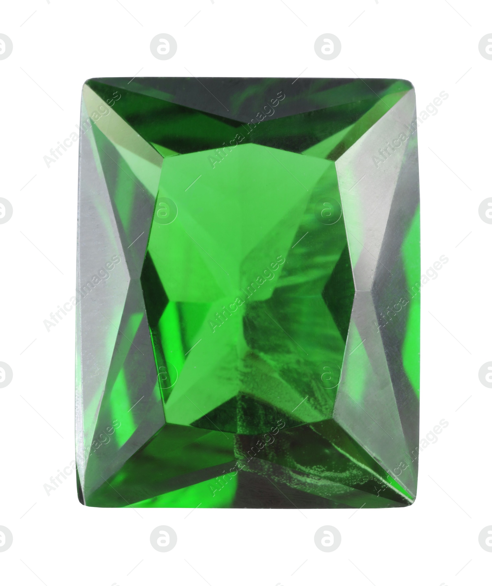 Photo of One shiny green gemstone isolated on white, top view