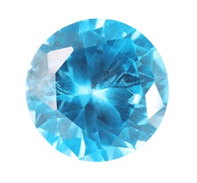 Photo of One shiny light blue gemstone isolated on white, top view