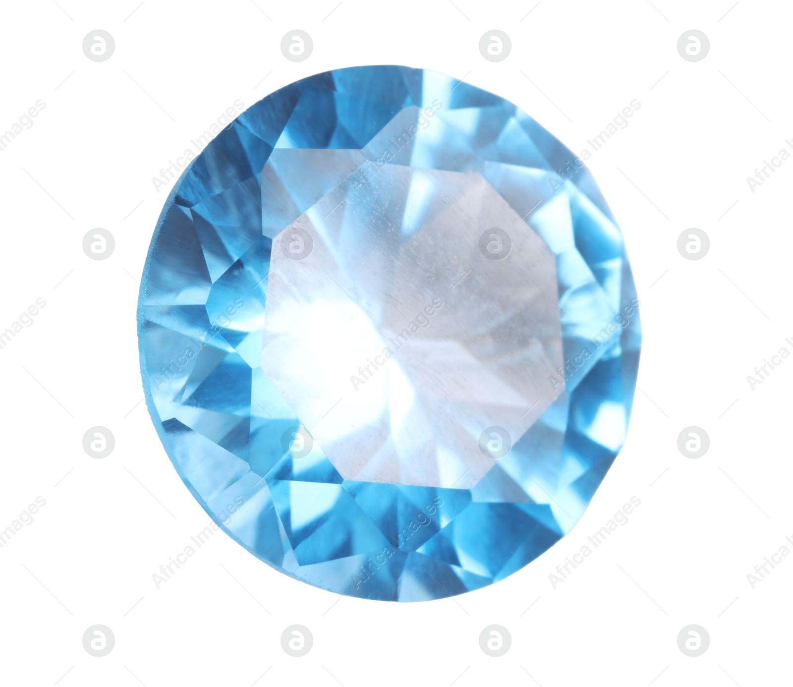 Photo of One shiny light blue gemstone isolated on white, top view