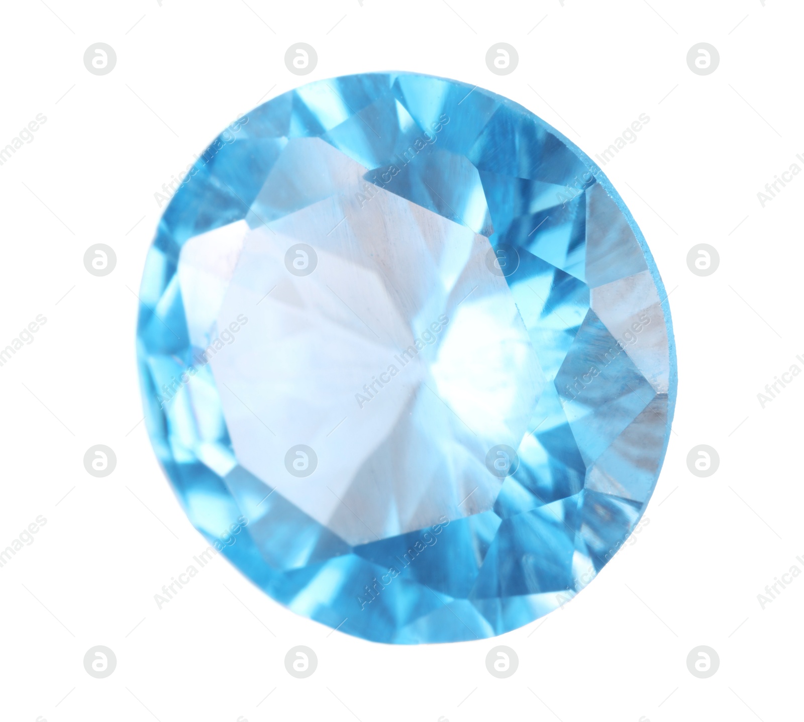 Photo of One shiny light blue gemstone isolated on white, top view