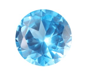 Photo of One shiny light blue gemstone isolated on white, top view