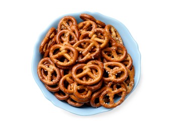 Photo of Tasty pretzel crackers in bowl isolated on white, top view