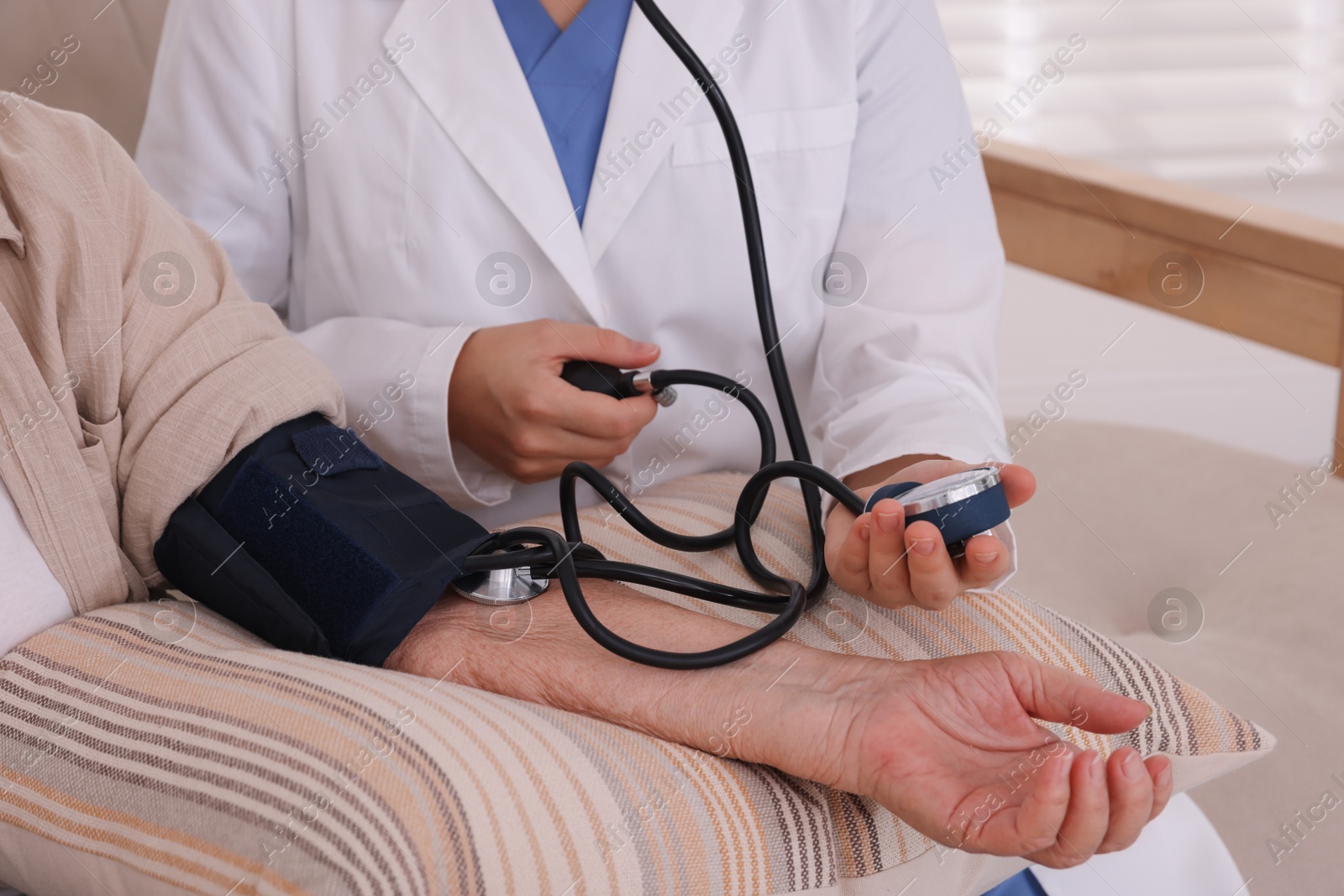 Photo of Doctor measuring patient's blood pressure indoors, closeup