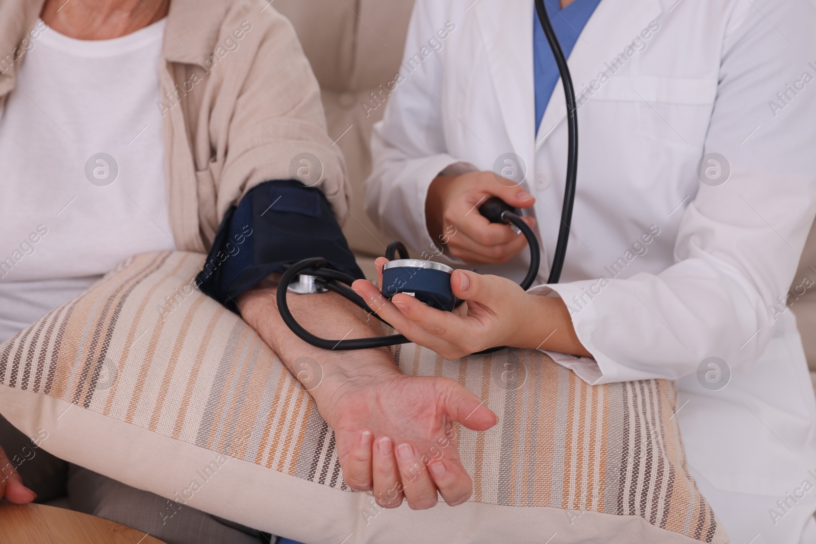 Photo of Doctor measuring patient's blood pressure indoors, closeup