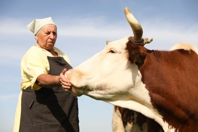 Photo of Senior woman feeding cow under blue sky