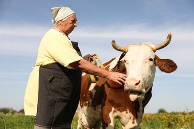 Photo of Senior woman with beautiful cow on pasture