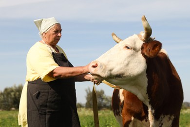 Photo of Senior woman with beautiful cow on pasture