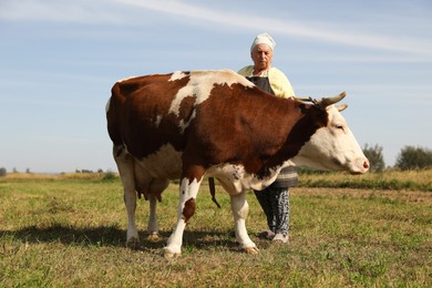 Photo of Senior woman with beautiful cow on pasture