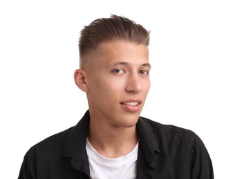 Photo of Handsome young man with stylish haircut on white background