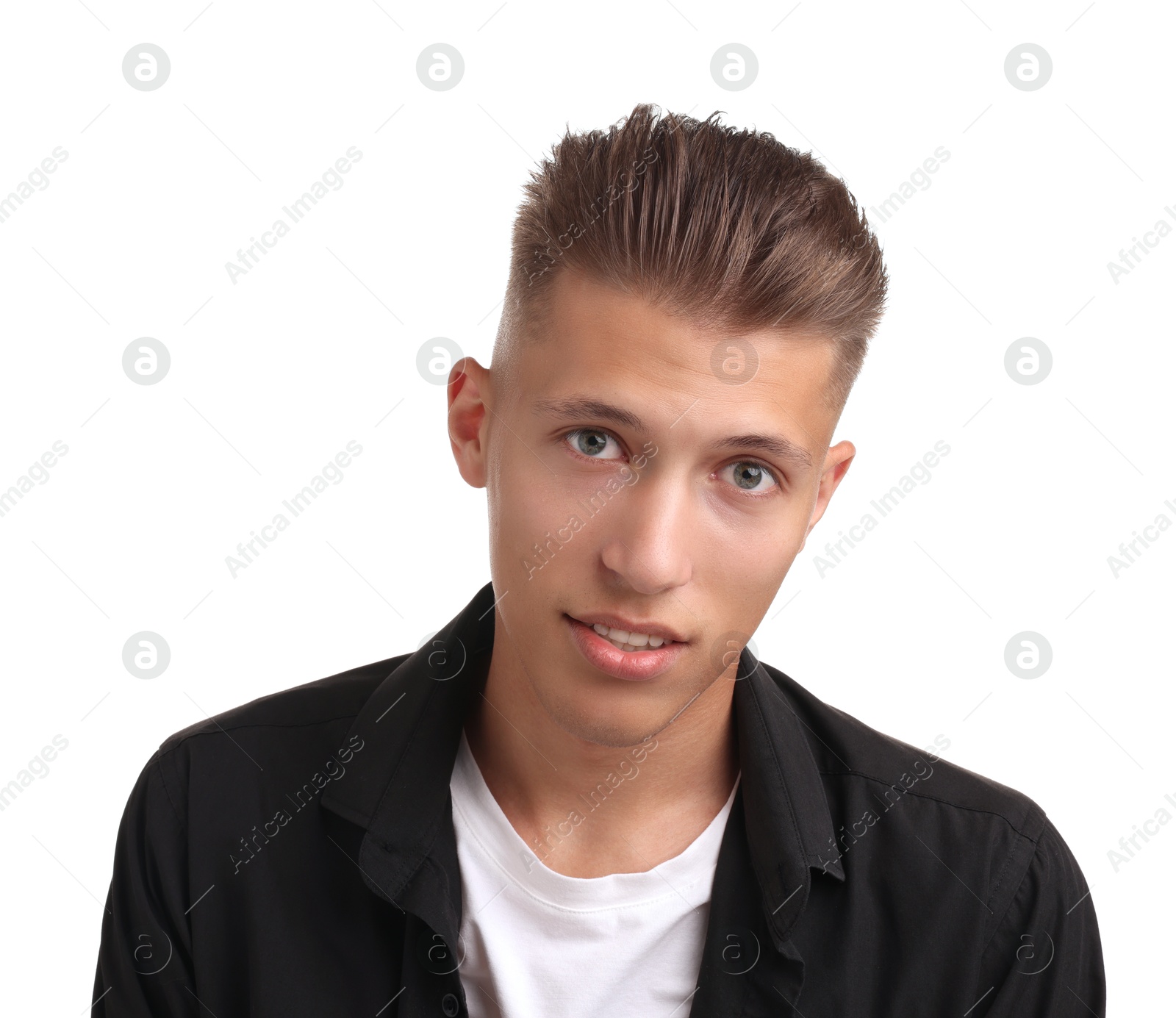 Photo of Confident young man with stylish haircut on white background