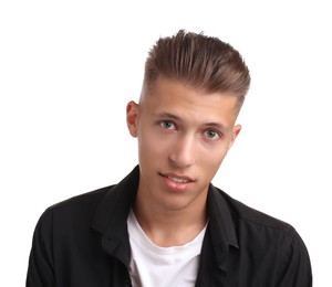 Photo of Confident young man with stylish haircut on white background