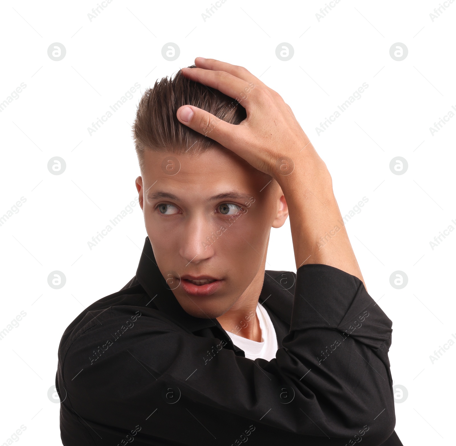 Photo of Confident young man with stylish haircut on white background