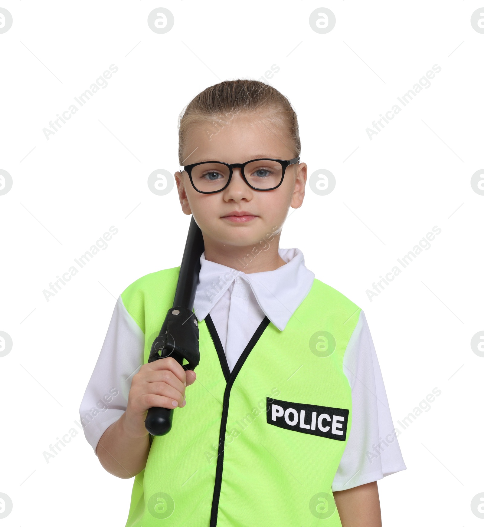 Photo of Little girl with baton pretending to be policewoman on white background. Dreaming of future profession