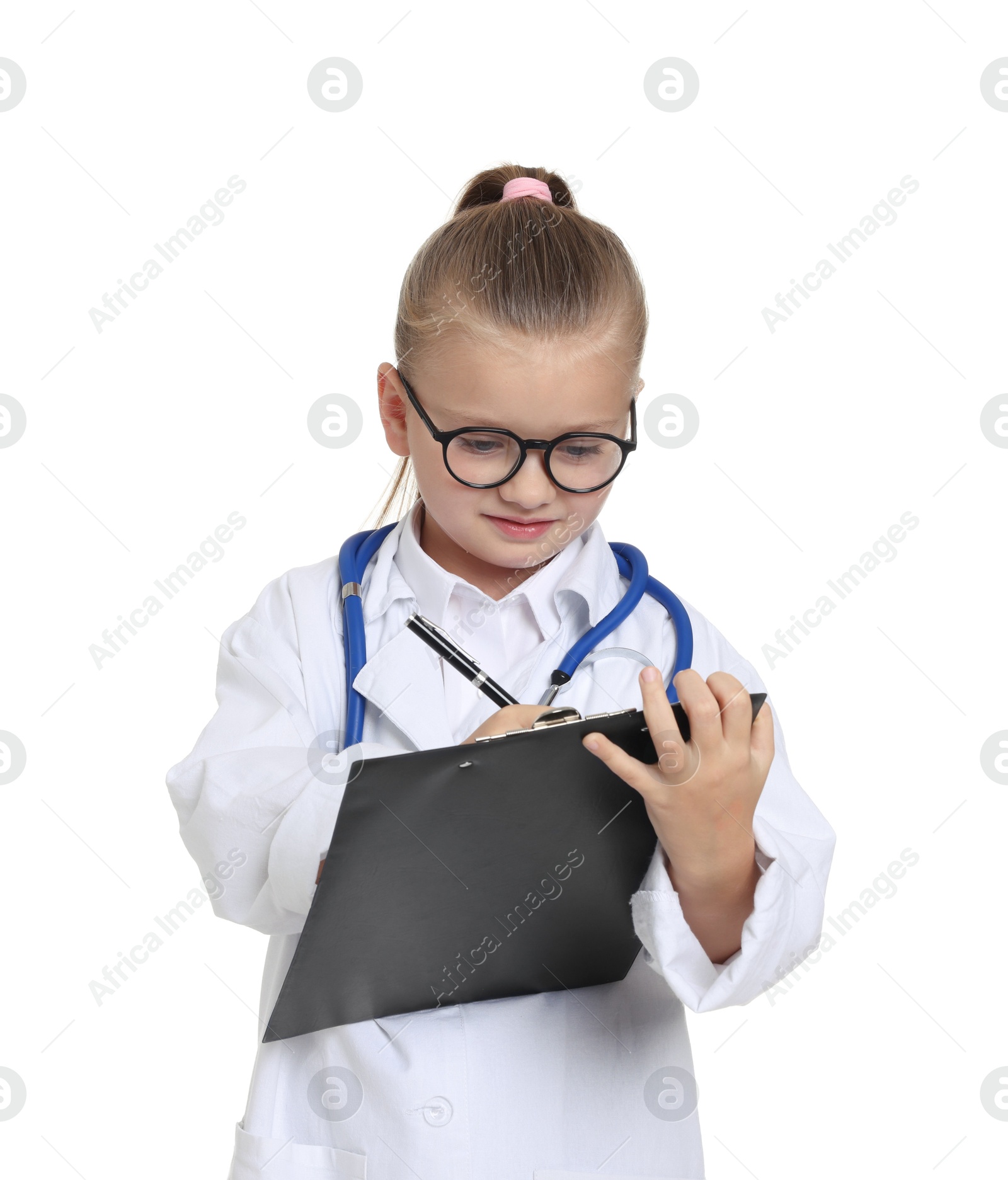 Photo of Little girl with stethoscope and clipboard pretending to be doctor on white background. Dreaming of future profession