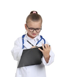 Photo of Little girl with stethoscope and clipboard pretending to be doctor on white background. Dreaming of future profession