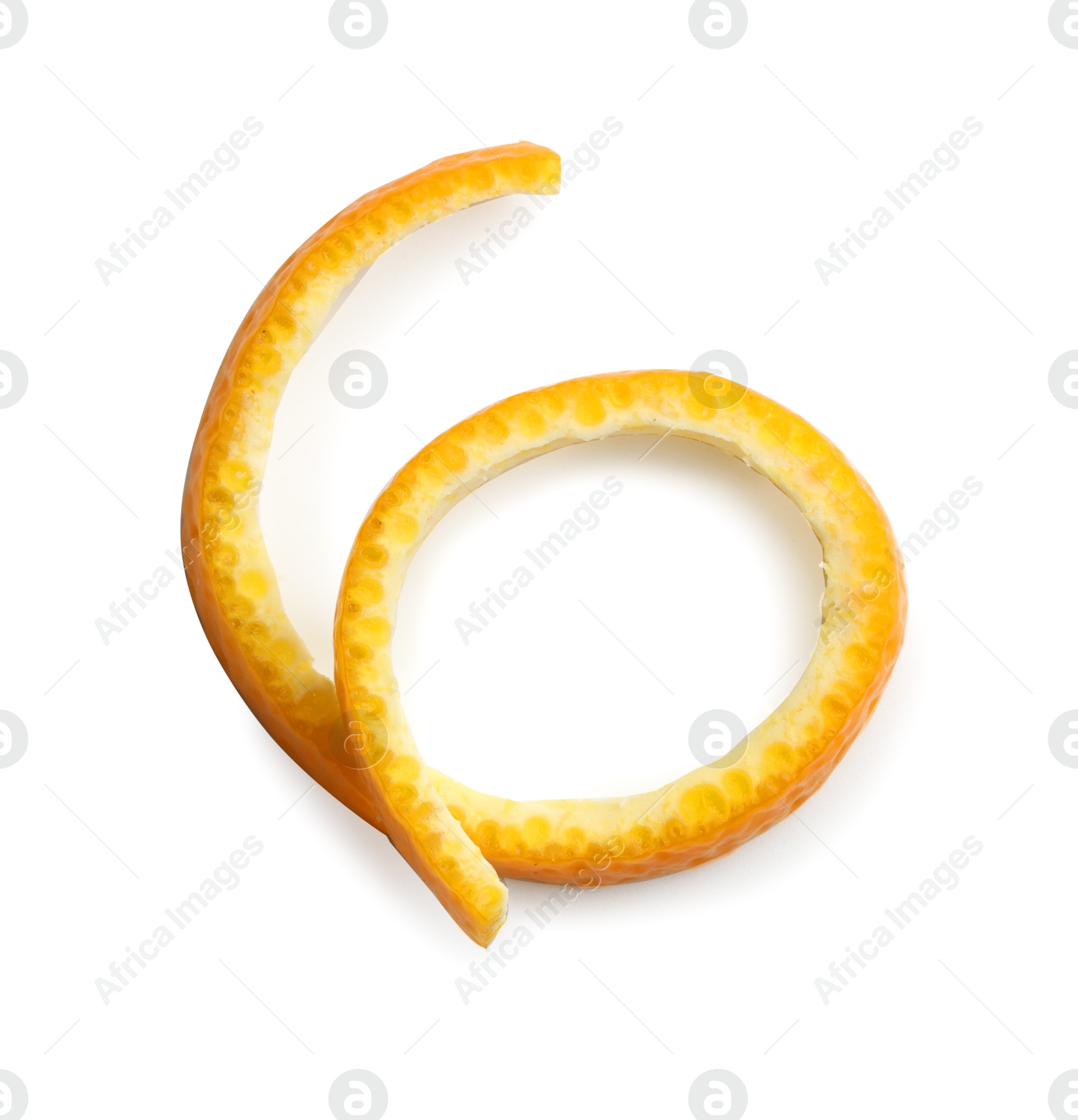 Photo of Twirl of orange peel isolated on white, top view