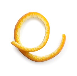 Photo of Twirl of orange peel isolated on white, top view