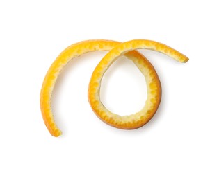 Photo of Twirl of orange peel isolated on white, top view