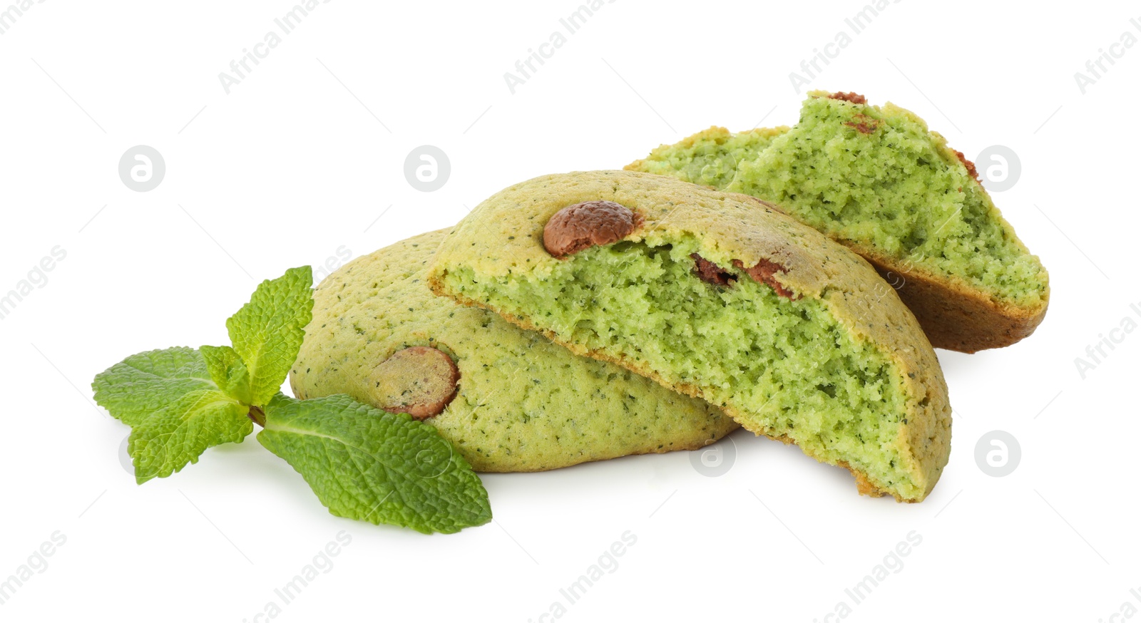 Photo of Delicious mint chocolate chip cookies isolated on white