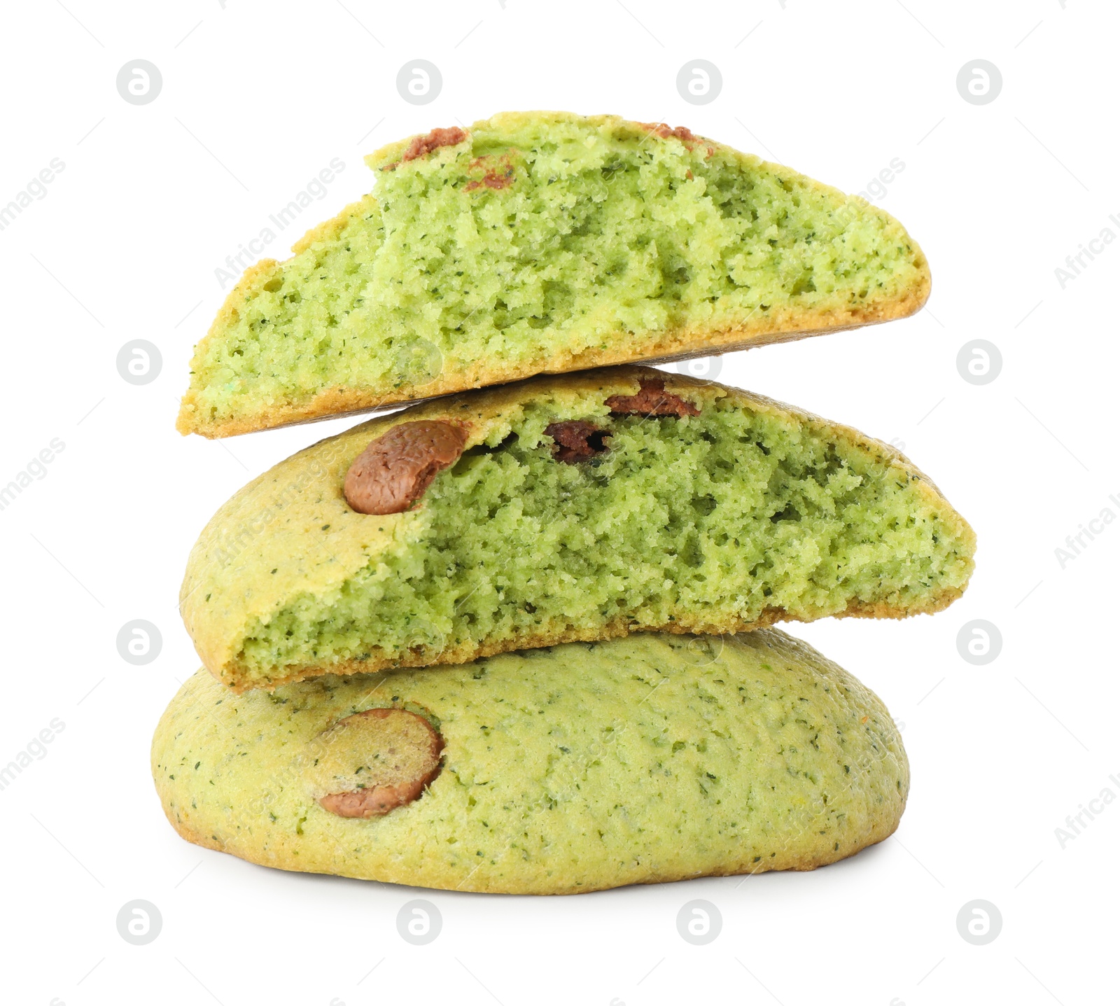 Photo of Delicious mint chocolate chip cookies isolated on white