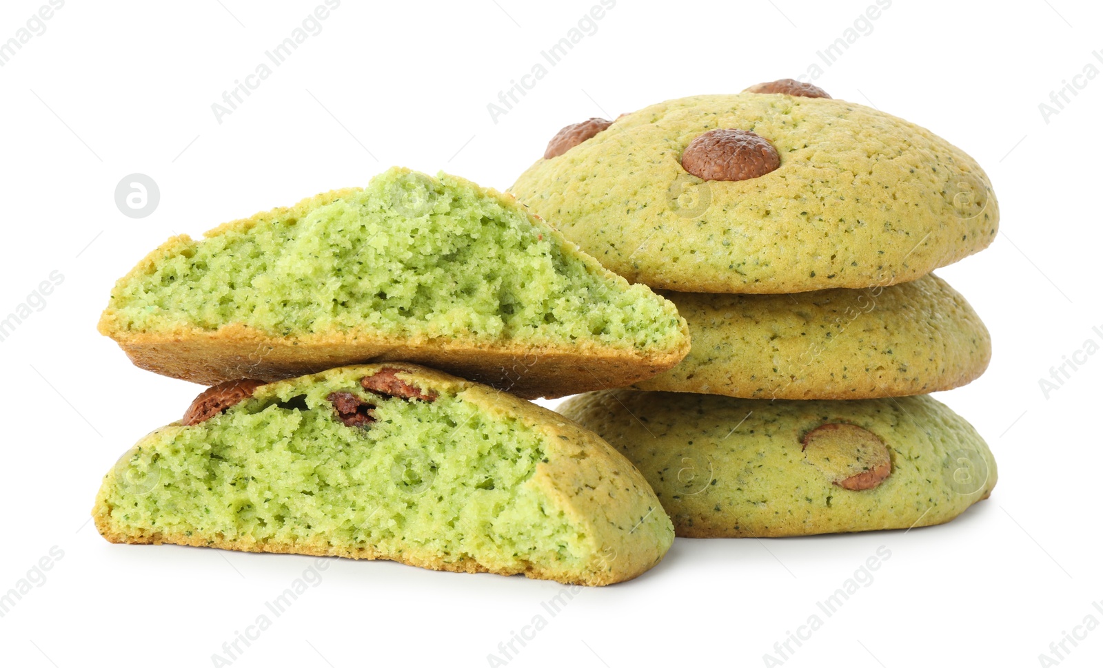 Photo of Delicious mint chocolate chip cookies isolated on white