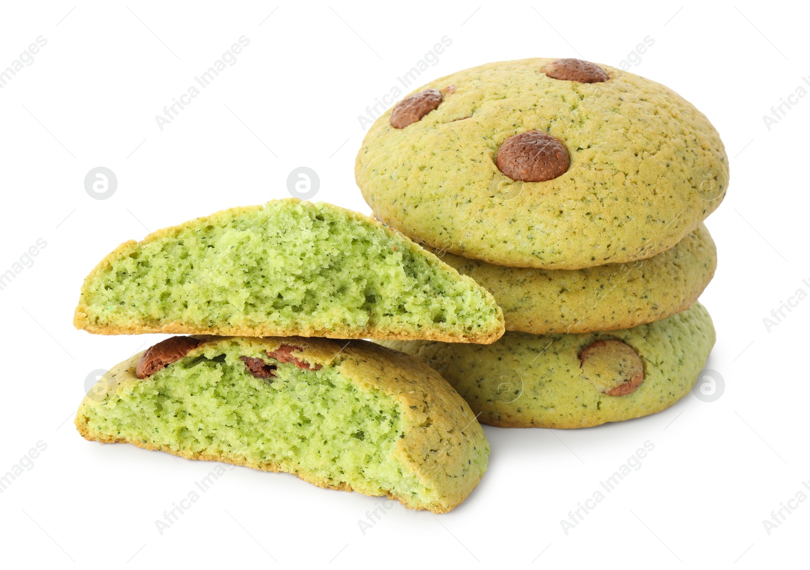 Photo of Delicious mint chocolate chip cookies isolated on white