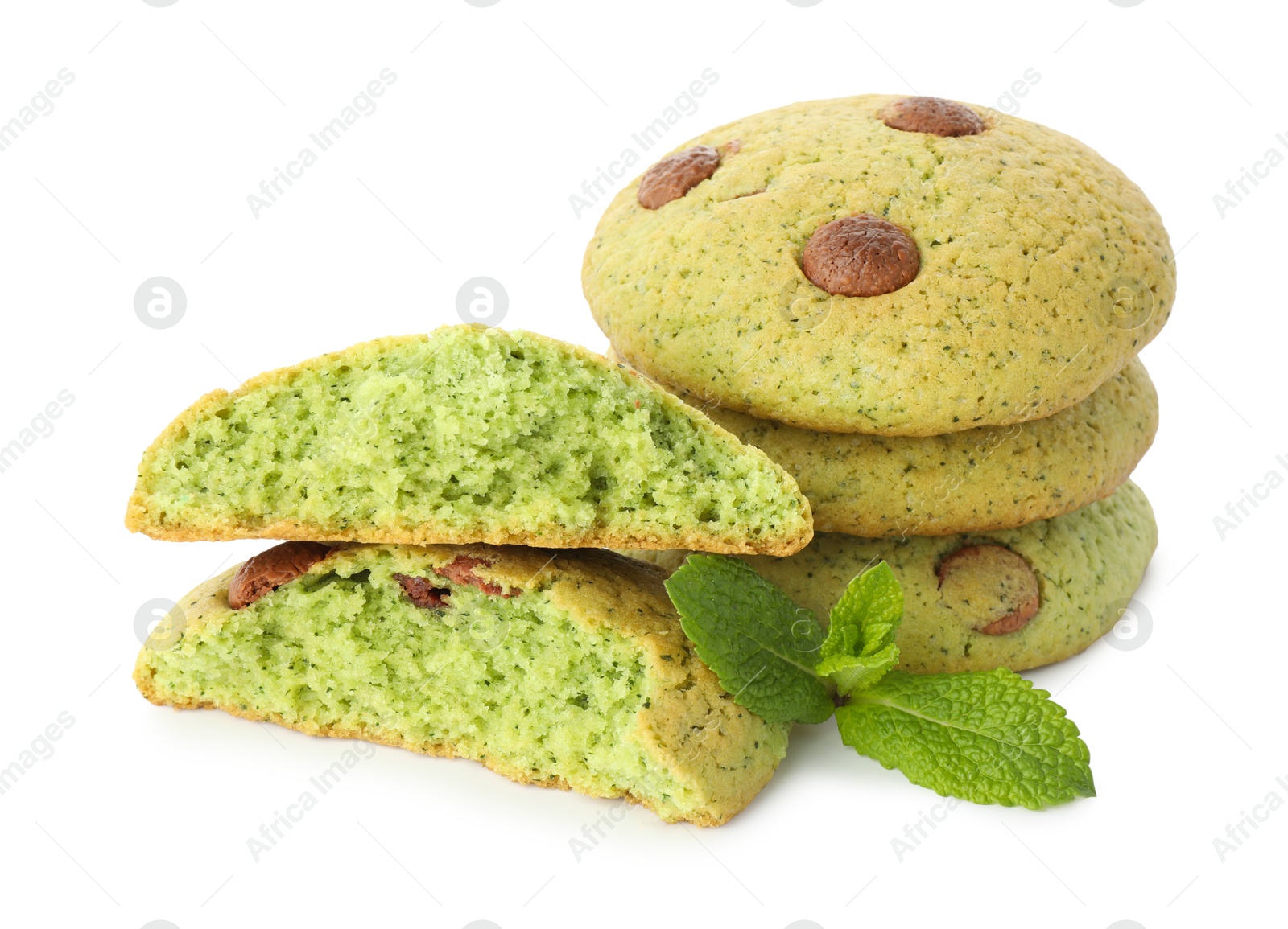 Photo of Delicious mint chocolate chip cookies isolated on white