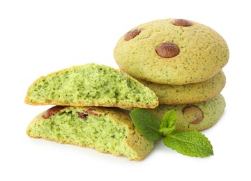 Photo of Delicious mint chocolate chip cookies isolated on white