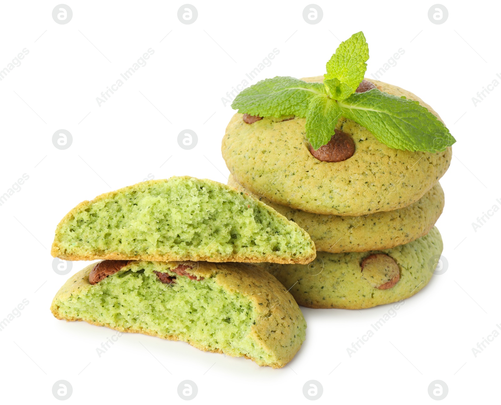 Photo of Delicious mint chocolate chip cookies isolated on white