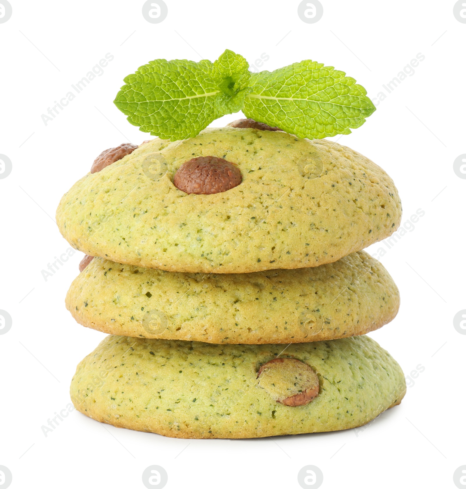 Photo of Stack of delicious mint chocolate chip cookies isolated on white