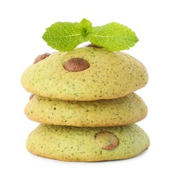 Photo of Stack of delicious mint chocolate chip cookies isolated on white